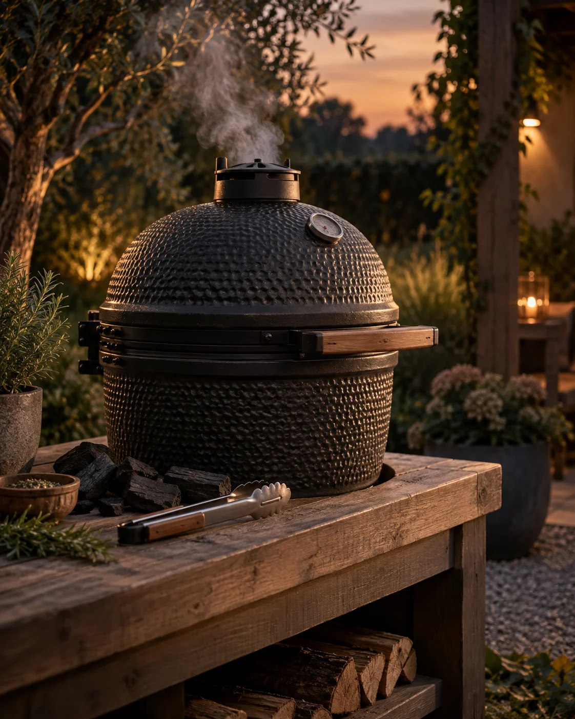 Illustratief sfeerbeeld van een donkere kamado in een tuin